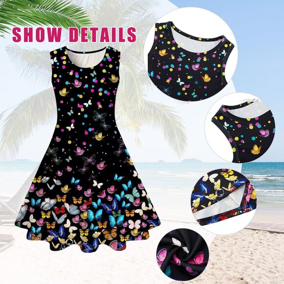 🆕Girl Butterfly Floral Print Sleeveless A Line Sundress Casual SummerPolyester - Picture 6 of 7